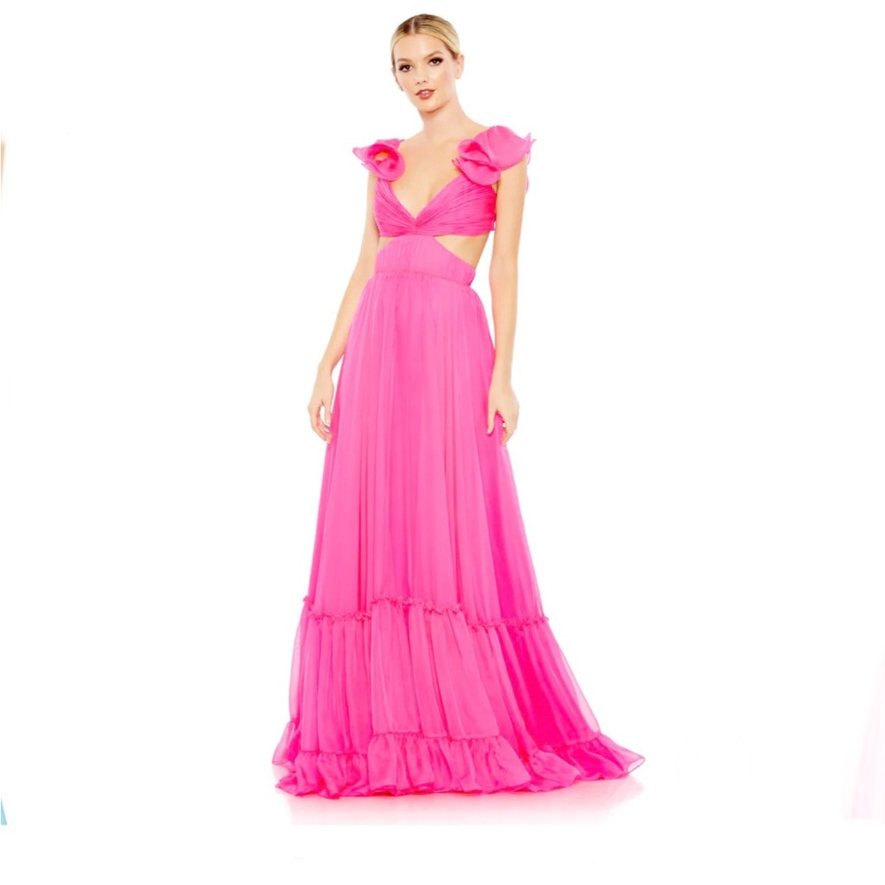 NWT MAC DUGGAL RUCHED RUFFLED SHOULDER CUT OUT LACE UP GOWN in hot pink